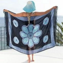 Korting 😉 Merkloos Pareo Flower Black Blue Turquoise - 160x110cm - Pareo Beach - Zomer Pareo - Dames - Sarong - Omslagdoek - Wikkeljurk - Strand - Stranddoek 🧨